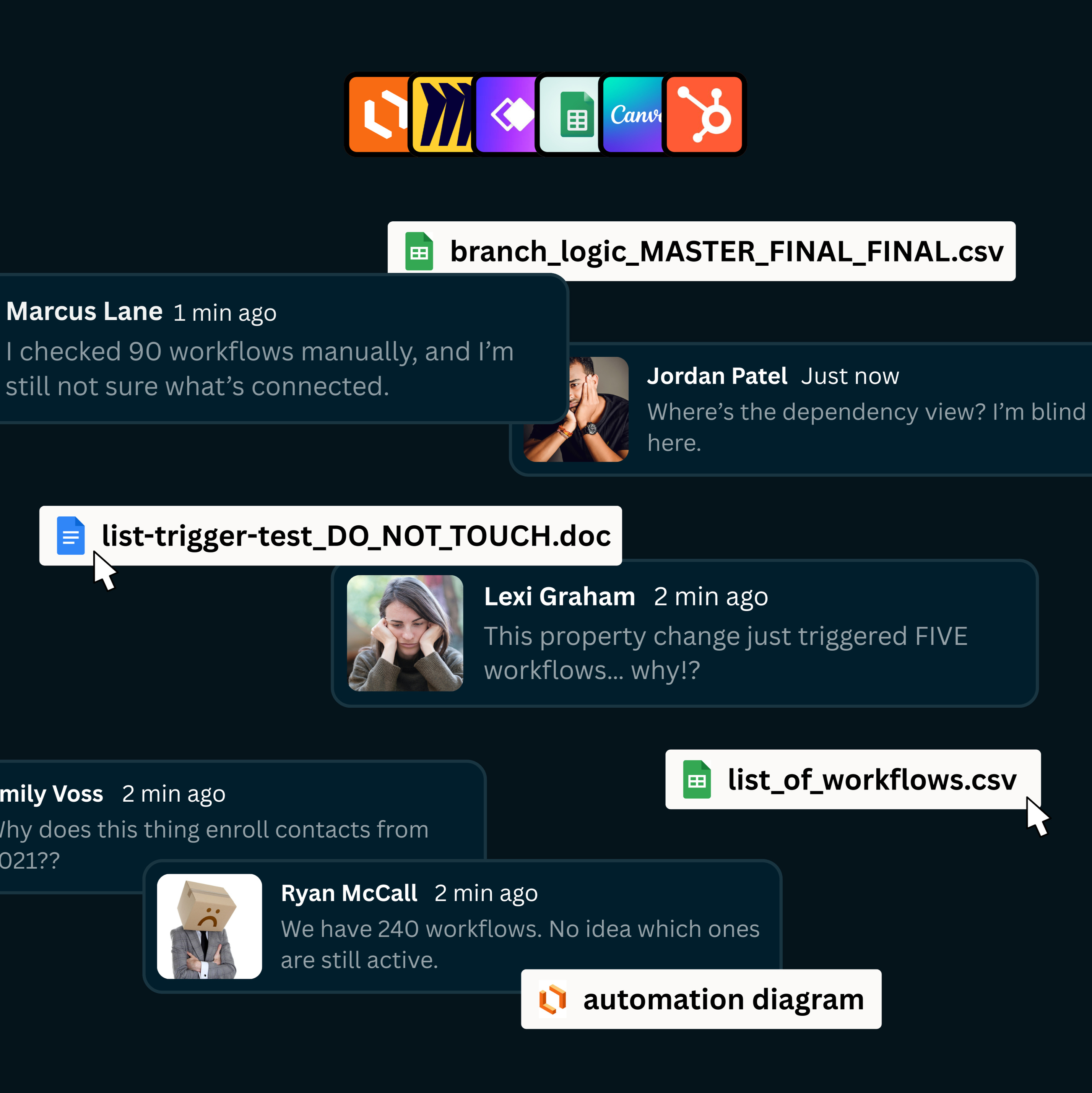 Manually checking workflows, spreadsheets, and docs